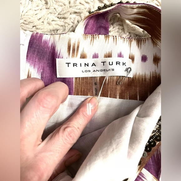 TRINA TURK purple brown white tie die sleeveless beaded shirt top blouse small s - Picture 5 of 6
